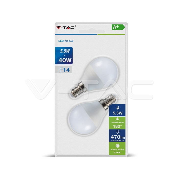 LED Lampadina 5.5W E14 P45 Luce Bianco Caldo 2 pz/pack