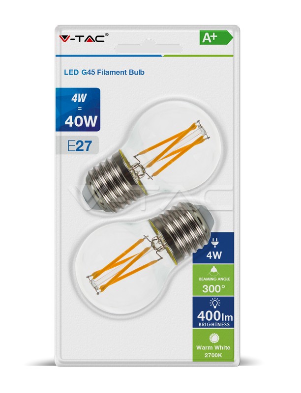 LED Bulb - 4W Filament E27 G45 Clear Cover 2700K (Blister 2 Pezzi)
