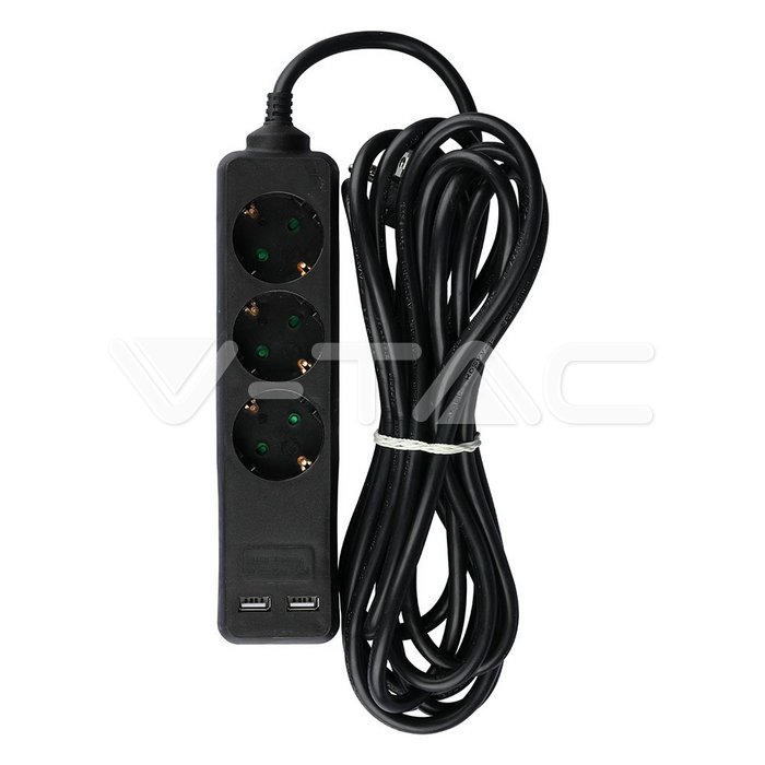 3 Ways Socket 2 USB Black Cable 5m